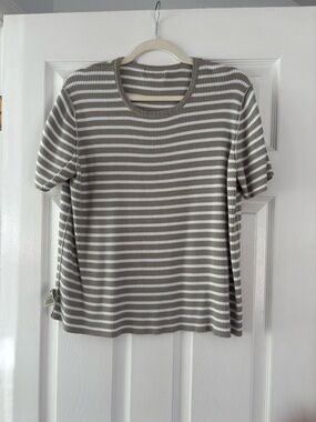 Eddie Bauer Green and White Striped Short Sleeve Sweater Tee